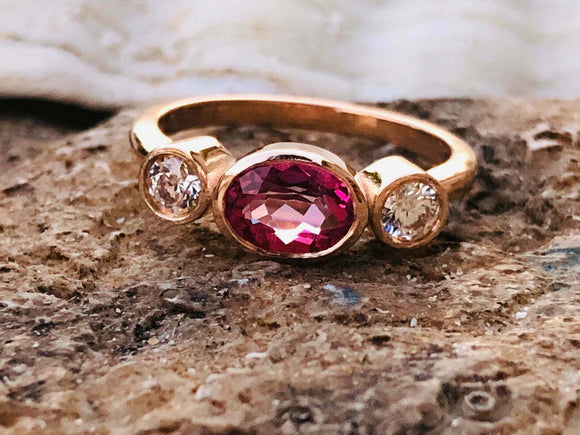 1.6ct Engagement Ring Oval Cut Ruby Diamond Accent Trilogy 14k Rose Gold Finish