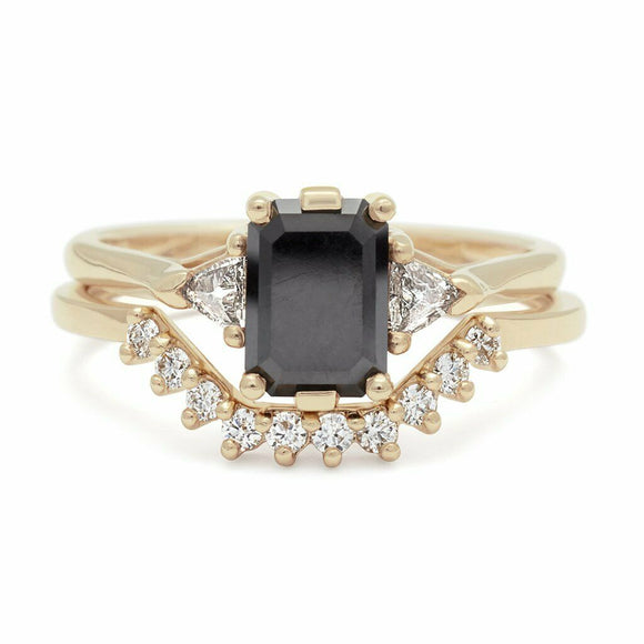 2ct Emerald Cut Black Diamond Engagement Ring 14k Yellow Gold Finish Bridal Set