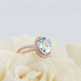 2.5ct Oval Cut Blue Aquamarine Ring Diamond Halo Split Shank 14k RoseGold Finish