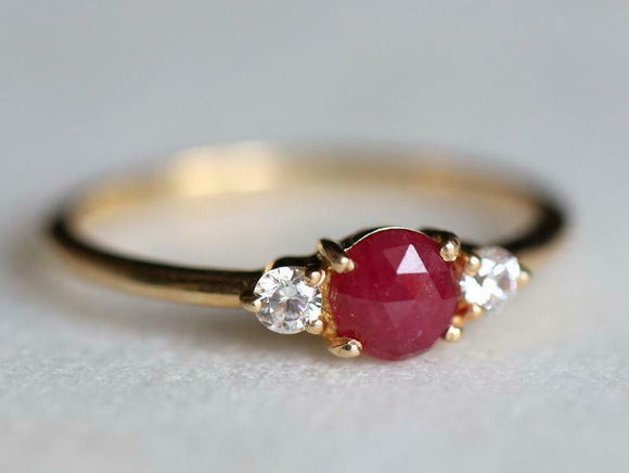 1ct Engagement Ring Round Cut Pink Ruby Three Stone 14k Yellow Gold Finish