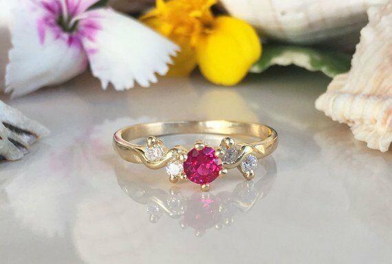 1ct Round Cut Pink Ruby Engagement Ring 14k YellowGold Finish 5 Stone Minimalist