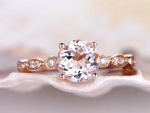 2ct Round Cut Morganite Solitaire with Round Accents Ring 14k Rose Gold Finish