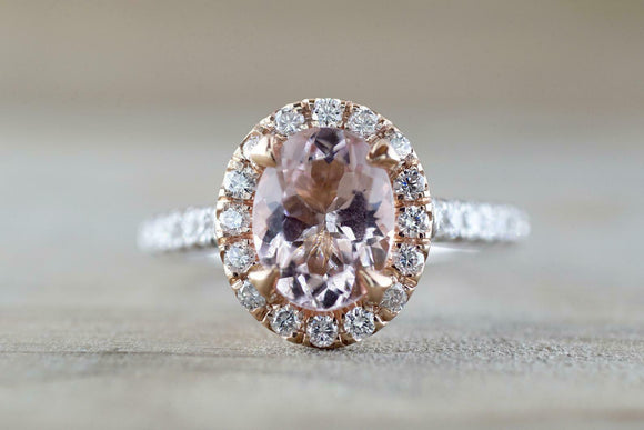 2.2ct Oval Cut Morganite Halo Solitaire with Accents Ring 14k Rose Gold Finish