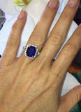 4ct Cushion Blue Sapphire Engagement Ring Split Shank Halo 14k White Gold Finish