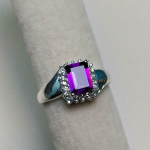 2.1ct Engagement Ring Emerald Cut Purple Amethyst Halo 14k White Gold Finish