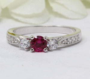 1.6ct Round Pink Ruby Engagement Ring Trilogy 14k White Gold Finish Round Accent