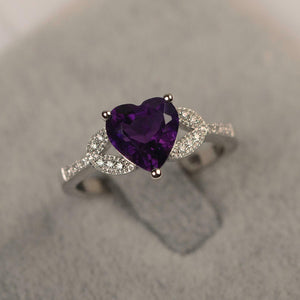 1.8ct Heart Cut Purple Amethyst Engagement Ring Leaf Accent 14k WhiteGold Finish