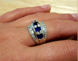 2.3ct Round Cut Blue Sapphire Wide Antique Inspired Ring 14k White Gold Finish