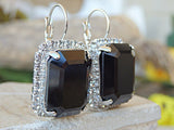 4ct Emerald Cut Black Diamond Halo Cocktail Drop Earrings 14k White Gold Finish