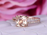 1.7ct Cushion Cut Peach Morganite Engagement Ring Split Shank 14k Rose Gold Over