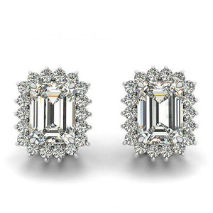 1.5ct Emerald Cut VVS1 Diamond Floral Halo Stud Earrings 14k White Gold Finish