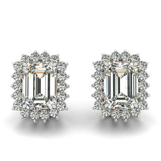 1.5ct Emerald Cut VVS1 Diamond Floral Halo Stud Earrings 14k White Gold Finish