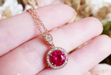 2ct Round Cut Pink Ruby Halo Solitaire Pendant with Chain 14k Rose Gold Finish