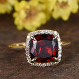 1.5ct Cushion Cut Red Garnet Dimaond Halo Solitaire Ring 14k Yellow Gold Finish