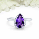 3ct Pear Cut Amethyst Engagement Ring Diamond Halo Minimalist 14k WhiteGold Over