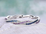 1ct Round Cut Blue Sapphire Wedding Band Twisted Infinity 14k White Gold Finish