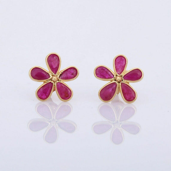 2.2ct Stud Earrings Pear Cut Pink Ruby Flower 14k Yellow Gold Finish