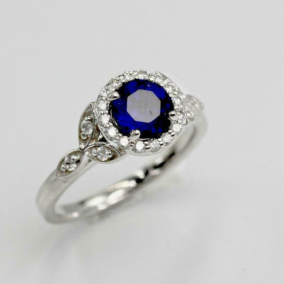 1.5ct Round Cut Blue Sapphire Engagement Ring Halo Floral 14k White Gold Finish