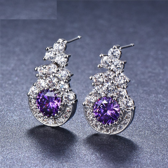 2ct Round Cut Purple Amethyst Halo Cluster Stud Earrings 14k White Gold Finish