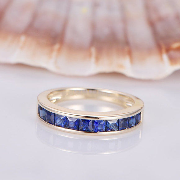 1.2ct Princess Blue Sapphire Eternity Wedding Band Ring 14k Yellow Gold Finish