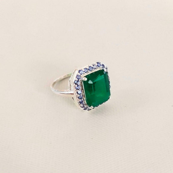 2.4ct Engagement Ring Green Emerald Cut Halo Solitaire 14k White Gold Finish