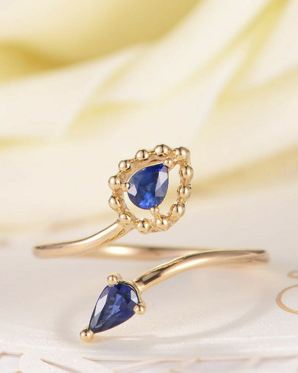 1ct Pear Blue Sapphire Two Stone Open Bypass Engagement Ring 14k YellowGold Over