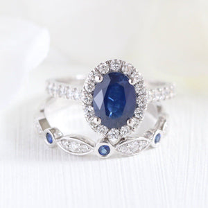 2ct Oval Cut Blue Sapphire Bezel Bridal Set Engagement Ring 14k WhiteGold Finish