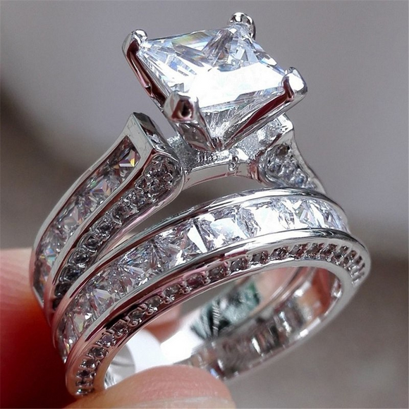 Bridal Set Engagement Ring 2ct Princess Cut VVS1D Diamond 18k White Gold Finish