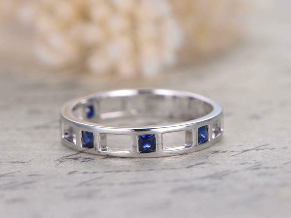 1ct Princess Blue Sapphire Wedding Band Open Gaps Eternity 14k White Gold Finish