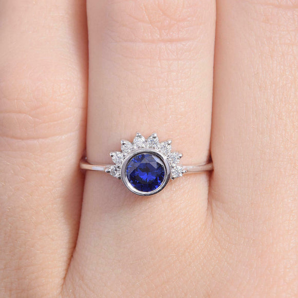 1.5ct Round Cut Blue Sapphire Diamond Crown Engagement Ring 14k WhiteGold Finish