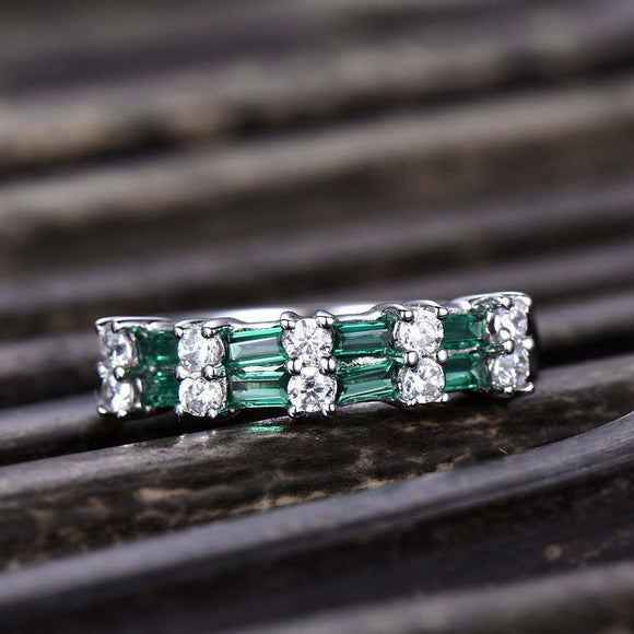 2ct Baguette Green Emerald Unique Two Row Half Eternity Band 14k White Gold Over