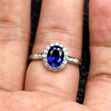 2ct Oval Cut Blue Sapphire Diamond Floral Halo Solitaire Ring 14k WhiteGold Over