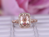 4ct Cushion Cut Peach Morganite Diamond Halo Round Accent Ring 14k RoseGold Over