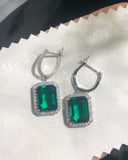 1.5ct Green Emerald Cut Simulated Halo Dangle Earrings 14k White Gold Plated