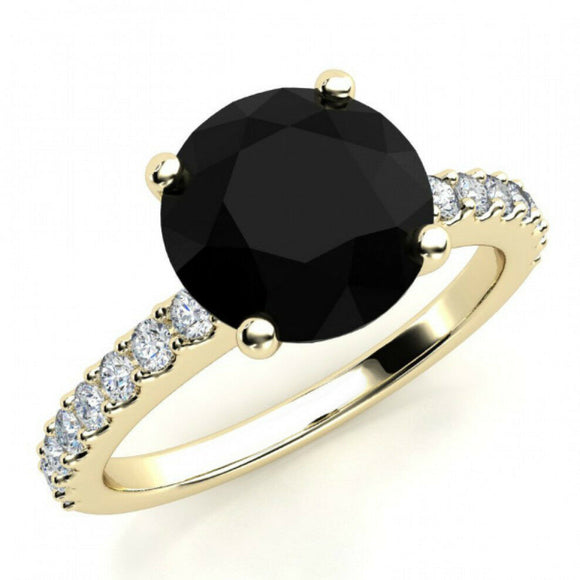 2ct Round Black Diamond Accent Solitaire Engagement Ring 14k Yellow Gold Finish