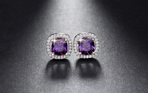 2ct Cushion Cut Purple Amethyst Halo Solitaire Stud Earrings 18k WhiteGold Over