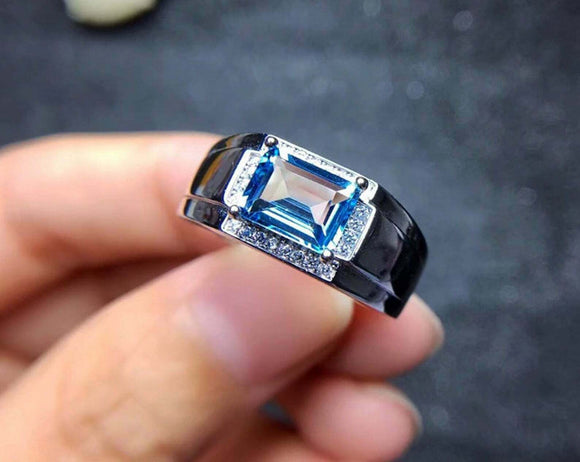 2.1ct Emerald Cut Blue Topaz Solitaire Engagement Men Ring 14k White Gold Finish