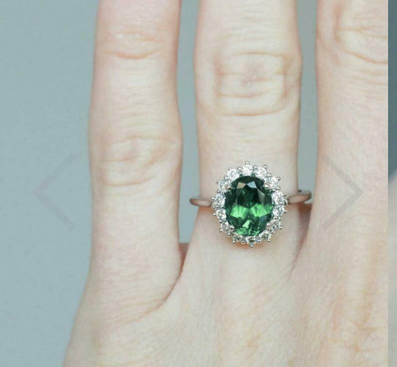 2ct Engagement Ring Oval Cut Green Emerald Floral Halo 14k White Gold Finish