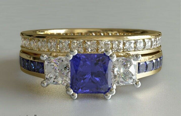 4ct Princess Cut Blue Sapphire Engagement Ring Bridal Set 14k Yellow Gold Finish