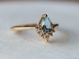 1ct Pear Cut Blue Aquamarine Crown Tiara Minimalist Ring 14k Yellow Gold Finish