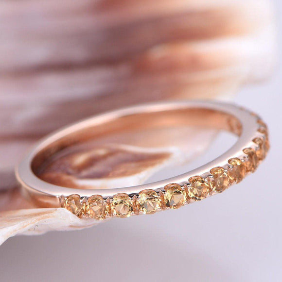 1ct Round Cut Yellow Citrine Half Eternity Wedding Band Ring 14k RoseGold Finish