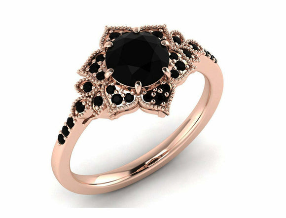 Flower Milgrain Halo Engagement Ring 2.2ct Round Black Diamond 14k RoseGold Over