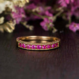 1.2ct Round Cut Pink Ruby Anniversary Promise Wedding Band 14k YellowGold Finish