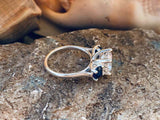 2ct Engagement Ring Round Cut Diamond Blue Sapphire Trilogy 14k WhiteGold Finish