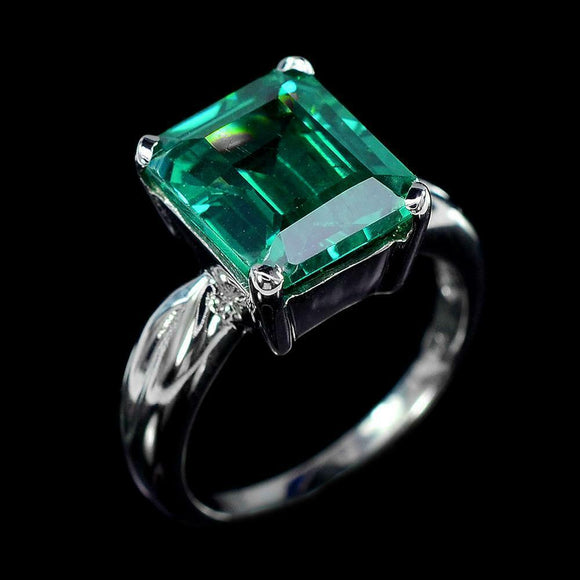 1Ct Green Emerald Solitaire Engagement Ring 14K White Gold Finish