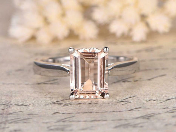 1ct Emerald Cut Peach Morganite Engagement Ring 14k White Gold Finish Solitaire