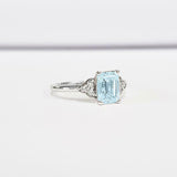 1ct Emerald Cut Blue Aquamarine Round Diamond Accents Ring 14k White Gold Finish