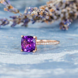 1ct Cushion Cut Purple Amethyst Solitaire Engagement Ring 14k Rose Gold Finish