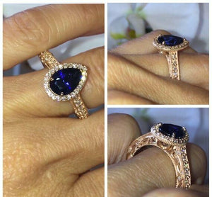 1.5ct Pear Cut Blue Sapphire Filigree Fancy Engagement Ring 14k Rose Gold Finish