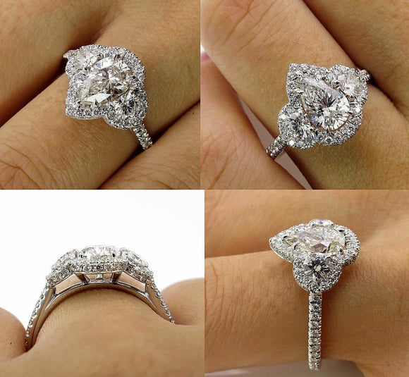 6Ct Pear Cut Diamond Halo Cocktail Trilogy Engagement Ring 14K White Gold Finish